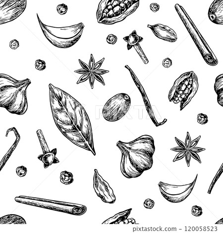 Seamless pattern with spices. Vector graphics with the image of aromatic culinary spices of different types. Black and white hand-drawn illustrations. On a white background. For menus, textiles, label Seamless pattern with spices. Vector graphics with the image of aromatic culinary spices of different types. Black and white hand-drawn illustrations. On a white background. For menus, textiles, label 120058523