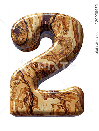 Polished wood number 2 isolated on white, detailed wood grain, realistic texture 120058676