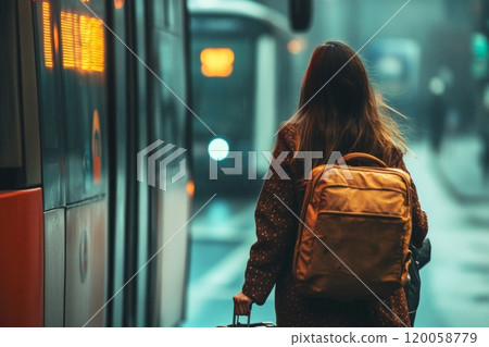 a woman with a suitcase walks to the bus 120058779