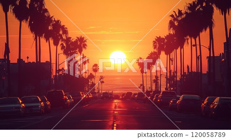 American sunset street near a beach 80s American sunset street near a beach 80s 120058789