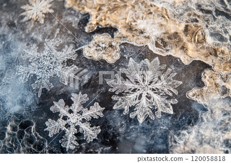 composite of snowflakes and frost close up 120058818