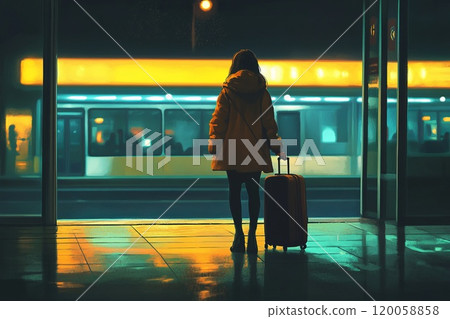 a woman with a suitcase walks to the bus a woman with a suitcase walks to the bus 120058858