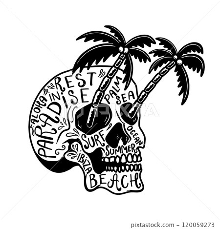 Illustration of the skull with summer lettering and palms. Design element for poster, t shirt, card, banner. Vector illustration Illustration of the skull with summer lettering and palms. Design element for poster, t shirt, card, banner. Vector illustration 120059273