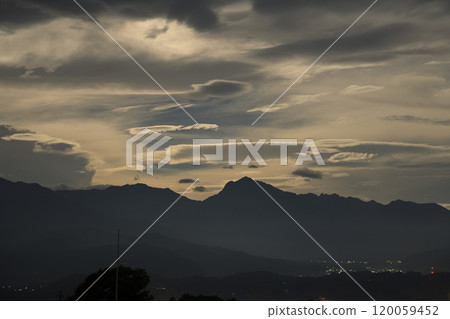 Moonlit Southern Alps and street lights seen from Akeno-cho, Hokuto City 120059452