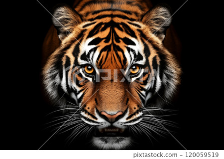 Intense Close-up of a Tiger Face Against Black Background 120059519