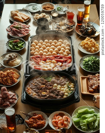 Traditional Chinese lunar New Year dinner table, party invitation, menu background with pork, fried fish, chicken, rice balls, dumplings, fortune cookie, nian gao cake, noodles, chinese decorations 120059789