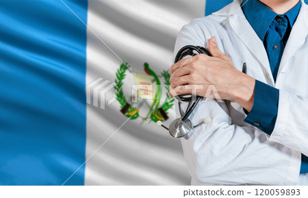 Doctor with stethoscope on guatemala flag. Health and care with the flag of Guatemala. Guatemala national health concept, Doctor arm with stethoscope on Guatemala flag Doctor with stethoscope on guatemala flag. Health and care with the flag of Guatemala. Guatemala national health concept, Doctor arm with stethoscope on Guatemala flag 120059893