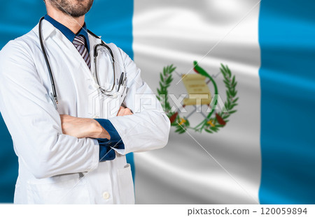 Health and care with the flag of Guatemala. Doctor with stethoscope on guatemala flag. Guatemala national health concept, Doctor arm with stethoscope on Guatemala flag Health and care with the flag of Guatemala. Doctor with stethoscope on guatemala flag. Guatemala national health concept, Doctor arm with stethoscope on Guatemala flag 120059894