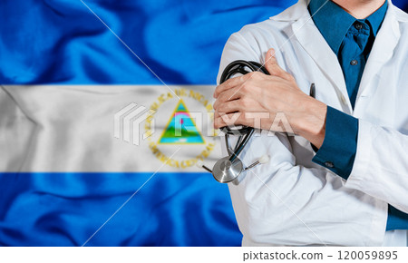 Health and care with the flag of Nicaragua. Nicaragua national health concept, Doctor arm holding stethoscope on nicaragua flag. Doctor with stethoscope on Nicaragua flag Health and care with the flag of Nicaragua. Nicaragua national health concept, Doctor arm holding stethoscope on nicaragua flag. Doctor with stethoscope on Nicaragua flag 120059895