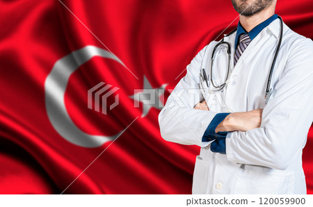 Health and care with the flag of Turkey. Turkish national health concept, Doctor with stethoscope on turkey flag 120059900