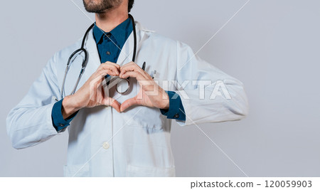Doctor hands making heart shape isolated. Doctor making heart gesture with hands. Concept of love and medicine 120059903