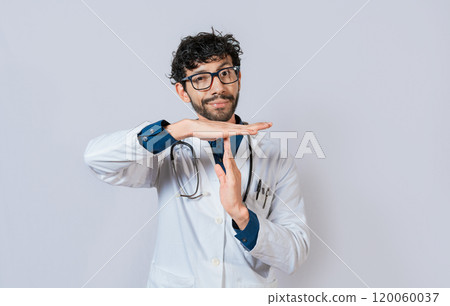 Male doctor gesturing time out. Doctor making time out gesture with palms on isolated background Male doctor gesturing time out. Doctor making time out gesture with palms on isolated background 120060037