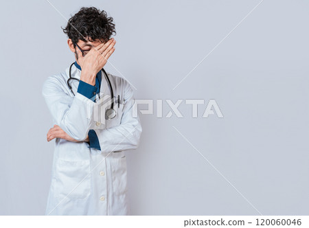 Exhausted doctor with hand on forehead isolated. Tired doctor with hand on forehead Exhausted doctor with hand on forehead isolated. Tired doctor with hand on forehead 120060046