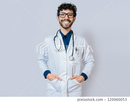 Smiling doctor on isolated background. Happy doctor with hands in pockets. Portrait of smiling young doctor isolated 120060053