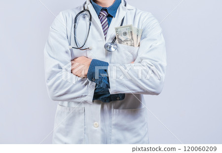Corrupt doctor with bribe money in pocket isolated. Medical bribery concept. Bribed doctor with money in pocket isolated. 120060209