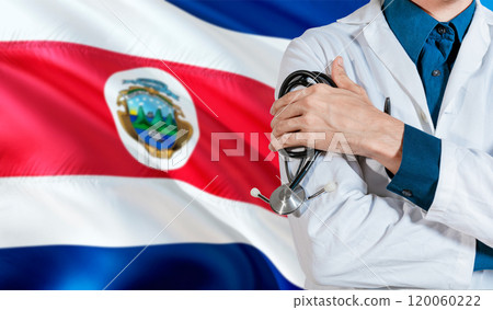 Health and care with flag of Costa Rica. Costa Rica national health concept, Doctor with stethoscope on Costa Rica flag 120060222
