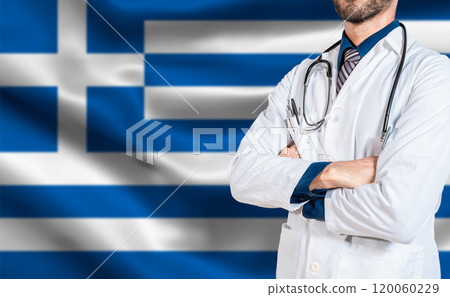Doctor arms crossed with stethoscope over greece flag. Health and care with flag of greece, Concept of national health of greece 120060229