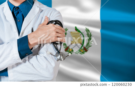 Doctor with stethoscope on guatemala flag. Health and care with the flag of Guatemala. Guatemala national health concept, Doctor arm with stethoscope on Guatemala flag 120060230