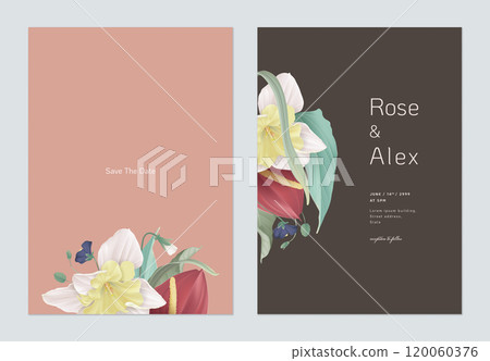 Floral wedding invitation card template design, various flowers and leaves on bright red and brown 120060376