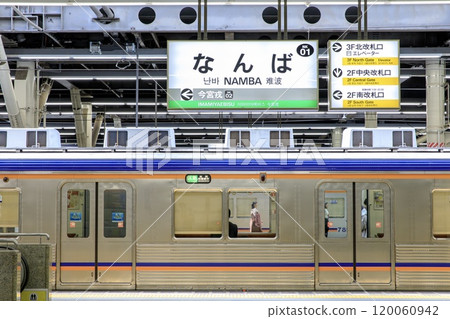 Nankai Namba Station sign and a stopped limited express train 120060942