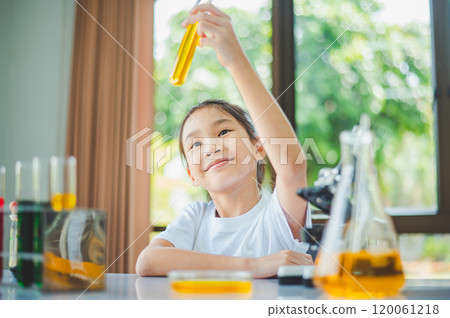 little scientist looking through a microscope and test tubes filled with chemicals for learning about science and experiments. little scientist looking through a microscope and test tubes filled with chemicals for learning about science and experiments. 120061218
