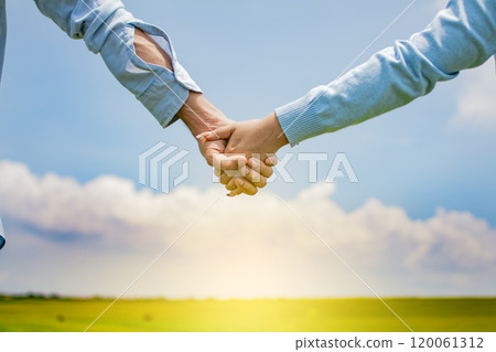 Close up of a couple holding hands, Concept of couple hands holding hands, Hands together of a couple in the field 120061312