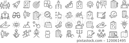 Set of line icons about action plan in vector monochrome Set of line icons about action plan in vector monochrome 120061495