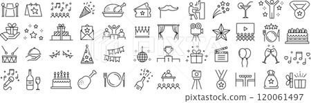 Vector monochrome line icon set about events 120061497
