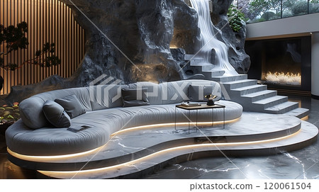 A Modern, Stylish, and Artistic Living Room Featuring a Unique Sofa and Natural Elements 120061504