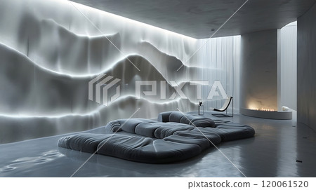 Discover a Modern Minimalist Living Room with Unique Lighting for a serene, inviting feel 120061520