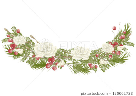 Watercolor Illustration Composition Decoration with White Roses, Green Branches of Christmas Tree, Red Berries. Digital Vintage Christmas Element for Printing and Web 120061728