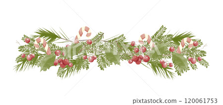 Watercolor Illustration Decoration with Fir Branches with Striped Candy Hooks, Red Berries, Holly Leaves. Christmas Composition for Printing and Web Watercolor Illustration Decoration with Fir Branches with Striped Candy Hooks, Red Berries, Holly Leaves. Christmas Composition for Printing and Web 120061753