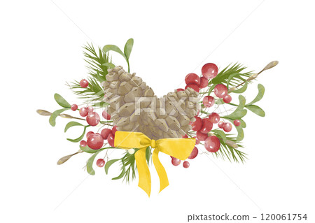 Watercolor Illustration Composition Fir Cones, Berries, Branches and Mistletoe Berries, Golden Bow. Digital Vintage Christmas Element for Printing and Web 120061754