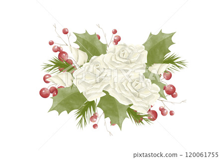 Watercolor Illustration Composition Bouquet with White Roses, Green Holly Leaves, Spruce Branches, Red Berries. Digital Vintage Christmas Element for Printing and Web Watercolor Illustration Composition Bouquet with White Roses, Green Holly Leaves, Spruce Branches, Red Berries. Digital Vintage Christmas Element for Printing and Web 120061755