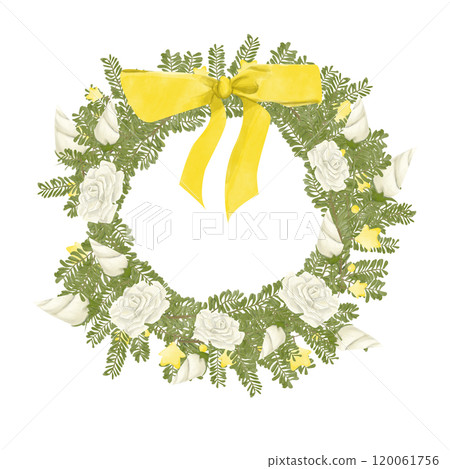 Watercolor Illustration Wreath with Pine Branches, White Roses and Buds, Garland with Golden Stars, with Golden Satin Big Bow. Digital Vintage Christmas Element for Printing and Web Watercolor Illustration Wreath with Pine Branches, White Roses and Buds, Garland with Golden Stars, with Golden Satin Big Bow. Digital Vintage Christmas Element for Printing and Web 120061756
