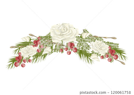 Watercolor Illustration Composition Curved Decoration with White Roses, Green Christmas Tree Branches, Red Berries. Digital Vintage Christmas Element for Printing and Web 120061758