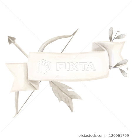 Watercolor Illustration Banner Scroll with Bow, Arrow and Plant Branches, Valentine's Day Attribute, Copy Space their image For Printing and Web Design Postcards, Posters Watercolor Illustration Banner Scroll with Bow, Arrow and Plant Branches, Valentine's Day Attribute, Copy Space their image For Printing and Web Design Postcards, Posters 120061799