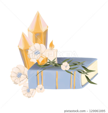Illustration Composition with Book, Golden Crystals, Candle with Fire, Long Leaved Branches, Anemone Flowers. Element from the Magic Library Collection. 120061895