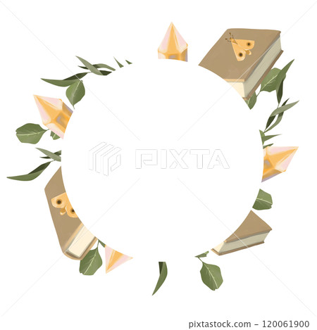 Wreath with Library Theme: Books, Baboki, Plants with Leaves, Twigs, Crystals. Digital Painting Illustration with Place for Inscription for Printing and Web. 120061900