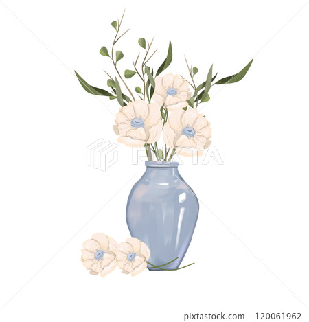 Illustration Composition Bouquet with Anemone Flowers, Plant Branches in Vase. Element from the Magic Library Collection. 120061962