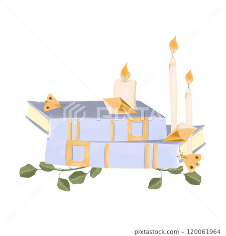 Illustration Composition with Two Lavender Books, Three Flame Candles, Golden Crystals, Yellow Butterflies, with Green Twigs with Leaves. Element from the Collection Magic Library. Illustration Composition with Two Lavender Books, Three Flame Candles, Golden Crystals, Yellow Butterflies, with Green Twigs with Leaves. Element from the Collection Magic Library. 120061964