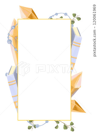 Vertical frame background with gold border, crystals, branches with leaves, book and beads. Digital painting illustration with place for inscription for printing and web. Vertical frame background with gold border, crystals, branches with leaves, book and beads. Digital painting illustration with place for inscription for printing and web. 120061969