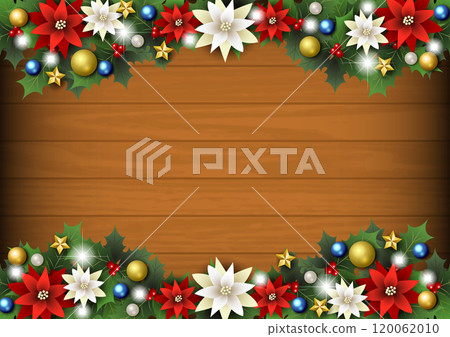 Christmas background with holly and red poinsettia on wooden board, horizontal, illustration, cute Christmas background with holly and red poinsettia on wooden board, horizontal, illustration, cute 120062010