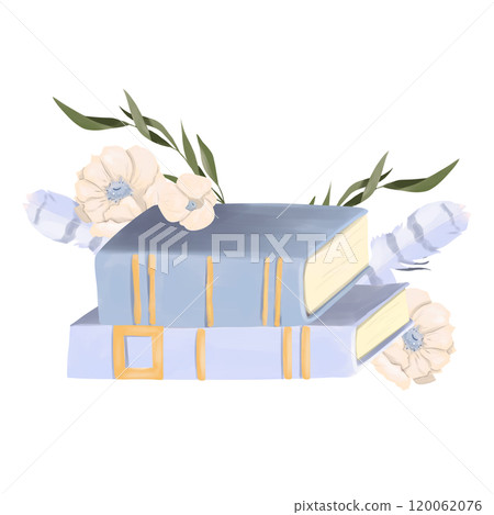 Illustration Composition with Two Books, Branches with Green Leaves, Cream Anemone Flowers with Blue Center. Element from the Magic Library Collection. 120062076