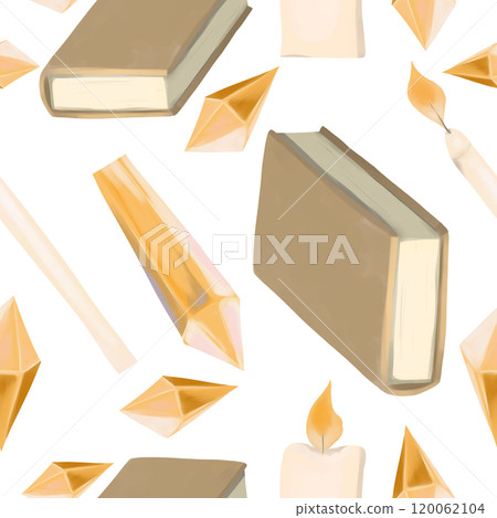 Seamless Pattern Illustration with Brown Book, Candle, Flame, Golden Crystals, for Printing and Web Design Seamless Pattern Illustration with Brown Book, Candle, Flame, Golden Crystals, for Printing and Web Design 120062104
