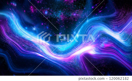 Abstract cosmic landscape featuring neon hues of blue, purple, and pink, with luminous stars and swirling energy fields creating an ethereal glow, space scene captures the beauty, science, astronomy 120062182