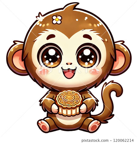 Cute monkey character holding a dessert, cheerful and playful. Happy Chinese New Year 120062214