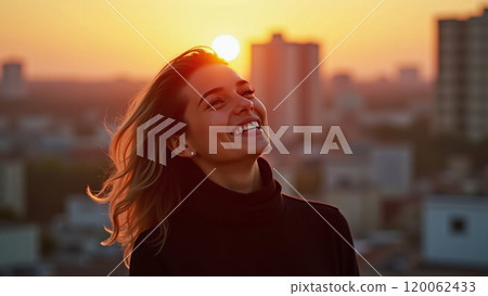 Smiling Beauty Joyful Young Woman in Black Enjoying a City Sunset 120062433