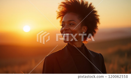 Sunny Vibes Fashionable Woman in Black Smiling at Sunset 120062558