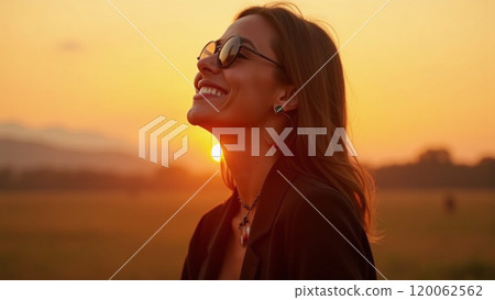 Sunny Vibes Fashionable Woman in Black Smiling at Sunset Sunny Vibes Fashionable Woman in Black Smiling at Sunset 120062562